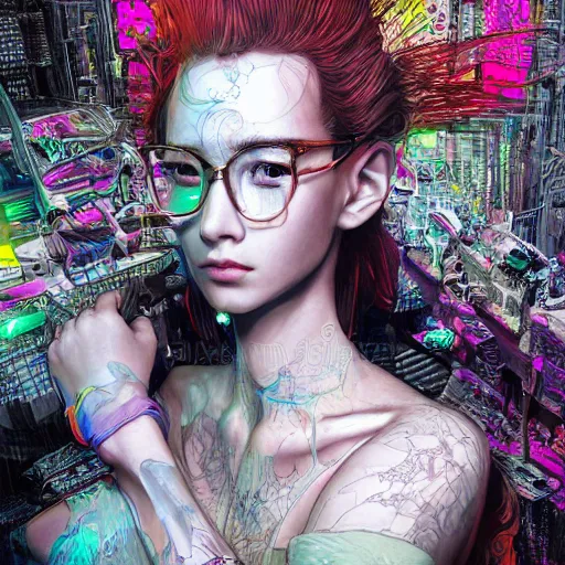 Prompt: the portrait of an absurdly beautiful, graceful, elegant, sophisticated, fashionable cyberpunk gravure idol, an ultrafine hyperdetailed illustration by kim jung gi, irakli nadar, intricate linework, bright colors, collage, porcelain skin, unreal engine 5 highly rendered, global illumination, radiant light, detailed and intricate environment