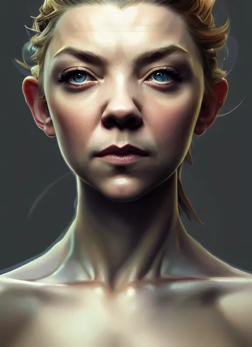 Image similar to asymmetrical portrait of natalie dormer, machine face, intricate, elegant, highly detailed, digital painting, artstation, concept art, smooth, sharp focus, illustration, art by artgerm and greg rutkowski and alphonse mucha, horizon zero dawn 8 k, tim burton