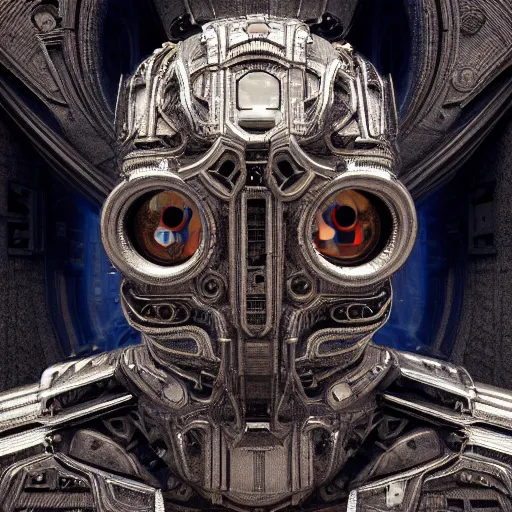 Image similar to trapped technological deity with eyes made of interstellar stargates and molten honeycomb structure, intricate detail, royo, whealan, giger, hd, 8 k, octane render, unreal engine,