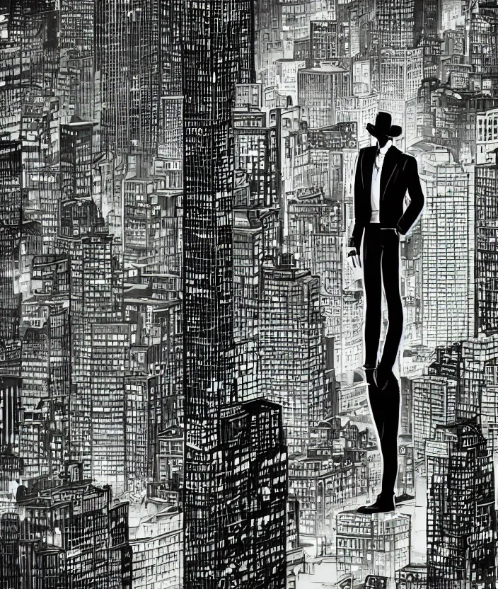 Image similar to human standing on top of tall building, watching the city at night, noir comics style, sharp focus, less detailes, 8 k, high resolution