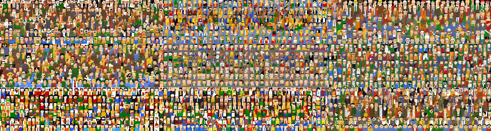 Prompt: countless unique characters with large, emotive faces, in the style of a highly detailed mural by wes anderson and 1 6 - bit pixel art sprite sheet