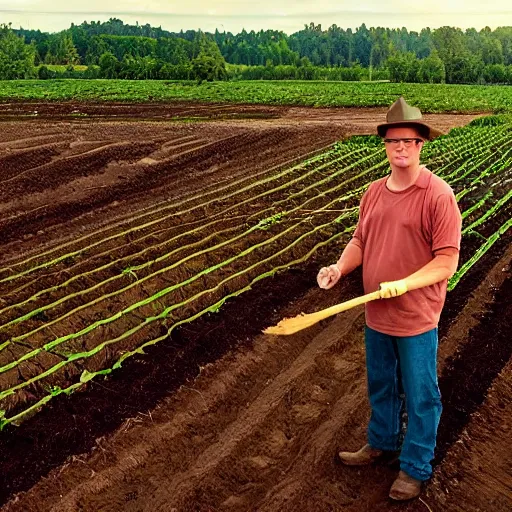 Prompt: Dwight Schrute planting beets on his farm, establishing shot, sunset lighting, cinematic