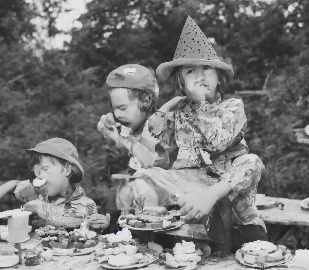 Prompt: A sad young boy in a party hat sitting at a picnic table, as black crows begin to pick at and eat a birthday cake on the table, dark gloomy, realistic