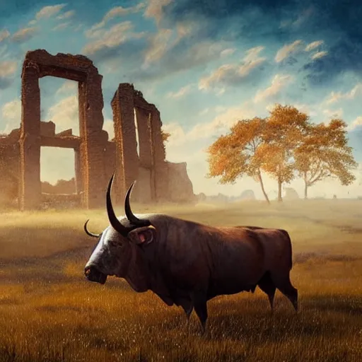 Image similar to a medium shot of a giant bull with horns decorated!!! with bells and ribbons, background is the ruins, in the steppe, autumn field, misty background, from the game pathologic 2, highly detailed, sharp focus, matte painting, by rosa bonheur, by isaac levitan and asher brown durand,