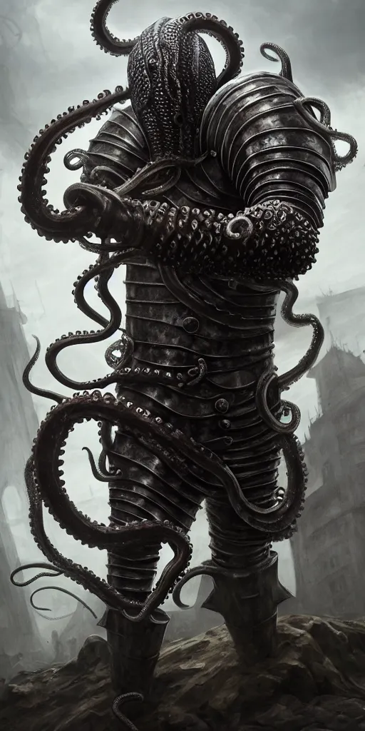 Prompt: a medieval knight slowly transforming into a tentacle monster, matte oil painting, steel armor set, concept art, dnd, clear, crisp, sharp, gauntlets, eldritch, award - winning, extremely detailed, 4 k, 8 k