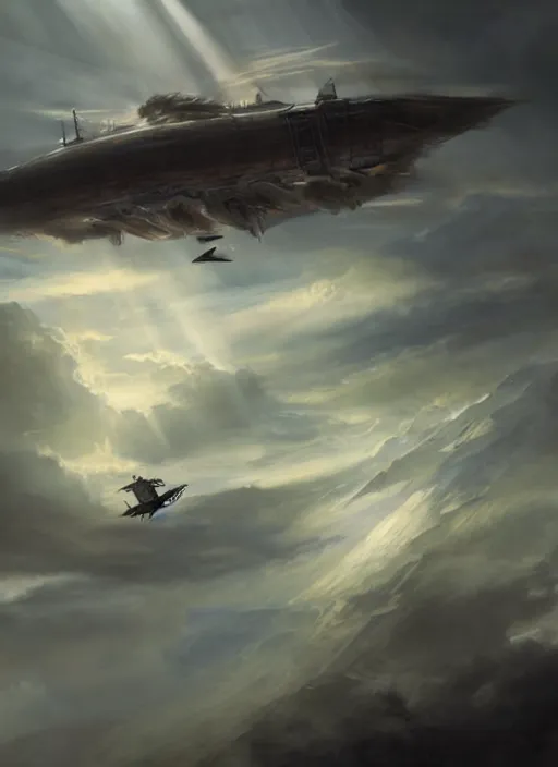 Prompt: pirate airship flying through the clouds, volumetric light rays painted by raymond swanland