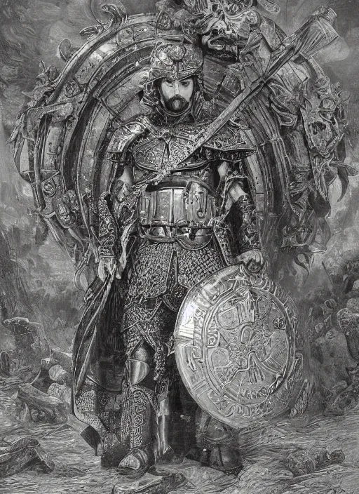 Image similar to highly detailed picture of great greek warrior with a shield, edge of the universe, symmetrical face, cinematic romantic magical, greek myth, masterpiece, from the book by gene wolfe, highly detailed painting by gustave dore