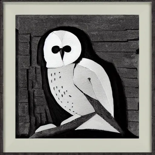 Image similar to cubist sculpture of a white owl black on white