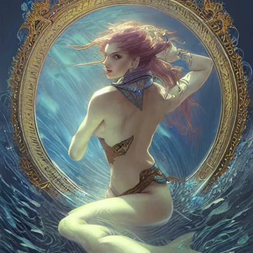 Image similar to underwater naga merfolk, 5 e, d & d, fantasy, intricate, elegant, highly detailed, digital painting, artstation, concept art, smooth, sharp focus, illustration, art by artgerm and greg rutkowski and alphonse mucha