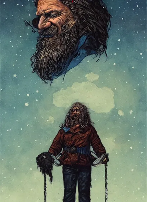 Prompt: portrait of grizzled sailor, night sky background, coherent! by brom, deep color, strong line, high contrast