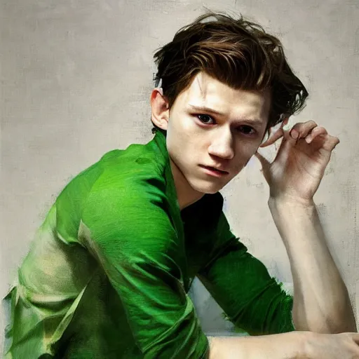 Image similar to attractive tom holland wearing green tunic by ruan jia, portrait