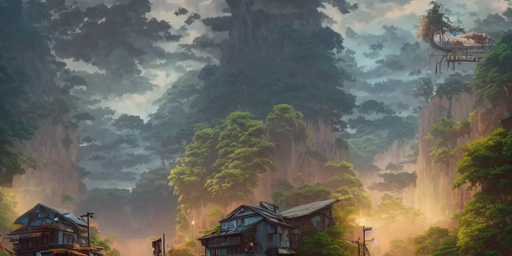 Prompt: left, matte oil painting, highly detailed, hyperrealistic, cinematic, breathtaking, beautiful composition, Studio Ghibli, Dan Mumford, James Jean, volumetric lighting, octane render, 4K resolution, trending on artstation