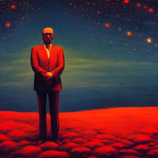 Prompt: a portrait of a man in a suit, his head is a skull, it is night and the sky is covered in stars, dramatic and cinematic lights, in the style of zdzislaw beksinski, in the style of edward hopper, 4 k,