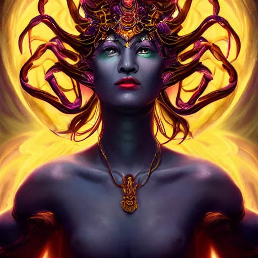 Image similar to six armed goddess, a god, god, ecstatic, infinite power, manic, perfect eyes, full body shot, magical being, magic, portrait, noble, transformation, vivid colors, elegant, concept art, sharp focus, digital art, Hyper-realistic, 4K, Unreal Engine, Highly Detailed, HD, Dramatic Lighting by Brom, trending on Artstation