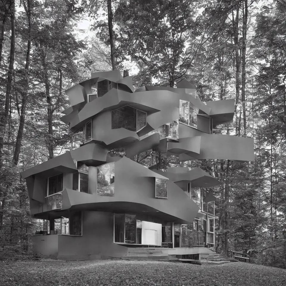 Image similar to architecture ad for a mid-century modern house in the middle of the forest, designed by Frank Gehry. Film grain, cinematic, grayscale, yellow hue