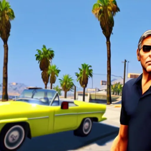 Image similar to george clooney in gta v. los santos in background, palm trees in the art style of stephen bliss