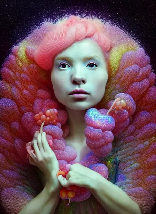 Image similar to hyper detailed 3d render like a Oil painting - kawaii portrait Aurora (coral haired Singer Ferret) seen Eating of the Strangling network of yellowcake aerochrome and milky Fruit and Her delicate Hands hold of gossamer polyp blossoms bring iridescent fungal flowers whose spores black the foolish stars by Jacek Yerka, Mariusz Lewandowski, Houdini algorithmic generative render, Abstract brush strokes, Masterpiece, Edward Hopper and James Gilleard, Zdzislaw Beksinski, Mark Ryden, Wolfgang Lettl, hints of Yayoi Kasuma, octane render, 8k