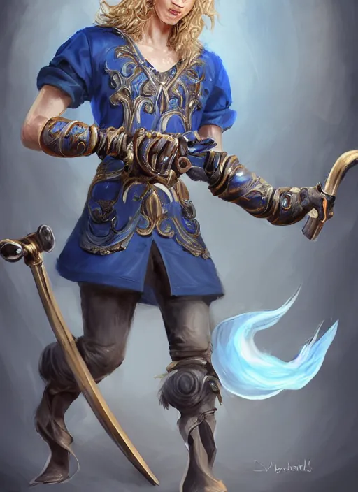 Prompt: a highly detailed illustration of long wavy bright blonde haired effeminate boy wearing blue blacksmith apron and iron mechanical arms, lanky body, blue eyes, dramatic smiling pose, perfect face, symmetrical eyes, intricate, elegant, highly detailed, centered, digital painting, artstation, concept art, smooth, sharp focus, league of legends concept art, wlop