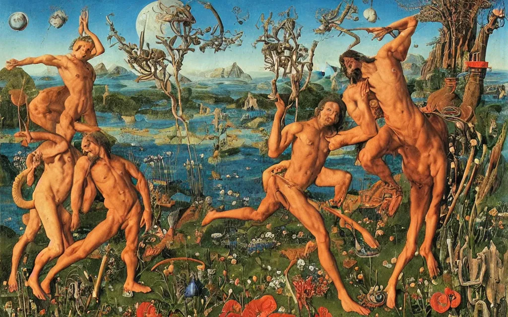 Image similar to a portrait photograph of a meditating satyr and a centaur monk riding a rocket machine and hunting at a river delta. surrounded by bulbous flowers and trees. mountain range under a blue sky of fiery stars. by jan van eyck, max ernst, ernst haeckel, ernst fuchs and artgerm, cgsociety, fashion editorial, 8 k