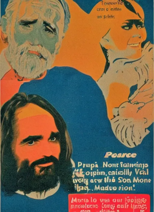 Image similar to vintage pharmaceutical advertisement depicting charles manson as a member of the blue man group