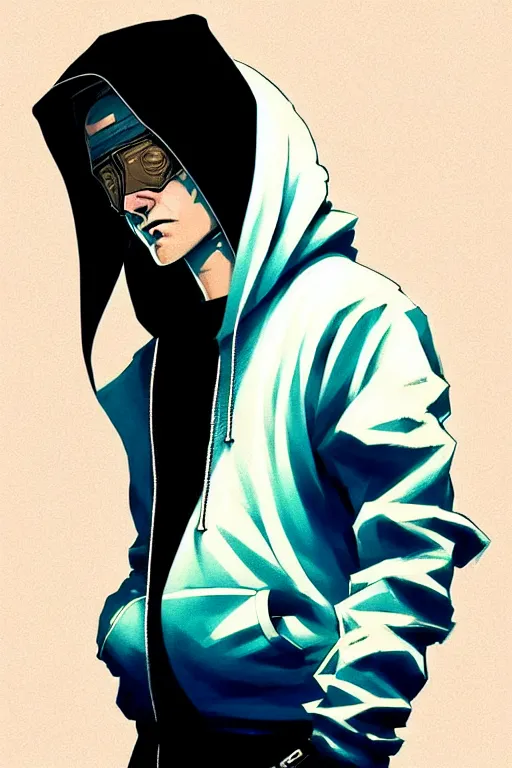 Image similar to cyberpunk synth, hyper - realistic portrait of a man in a hoodie, cyberpunk, by atey ghailan, by greg rutkowski, by greg tocchini, by james gilleard, by joe fenton, by kaethe butcher, dynamic lighting, gradient light blue, brown, blonde cream and white color scheme, grunge aesthetic