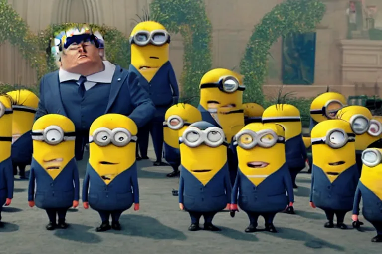 Image similar to donald trump as gru, being followed by minions, movie still