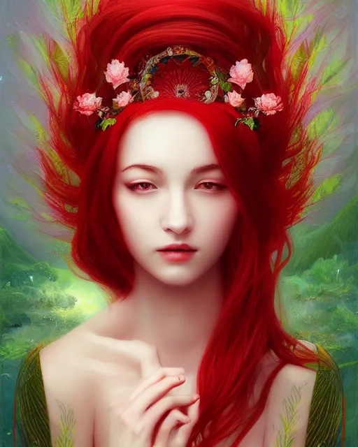 Image similar to the goddess of summer, with lotus on her head, red hair, half - length head portrait, dreamy, beautiful, by wlop