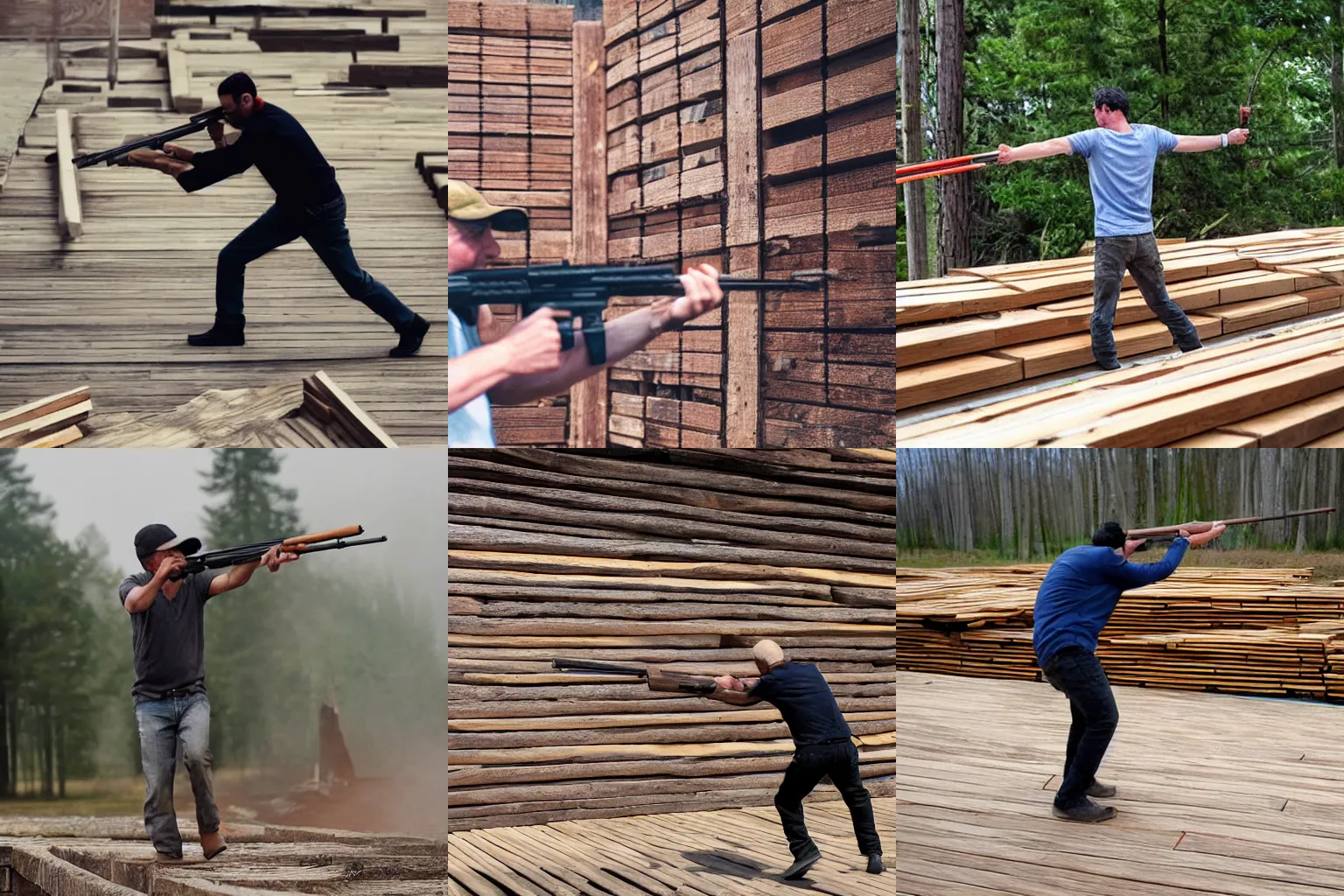 Prompt: Man firing at wooden planks.