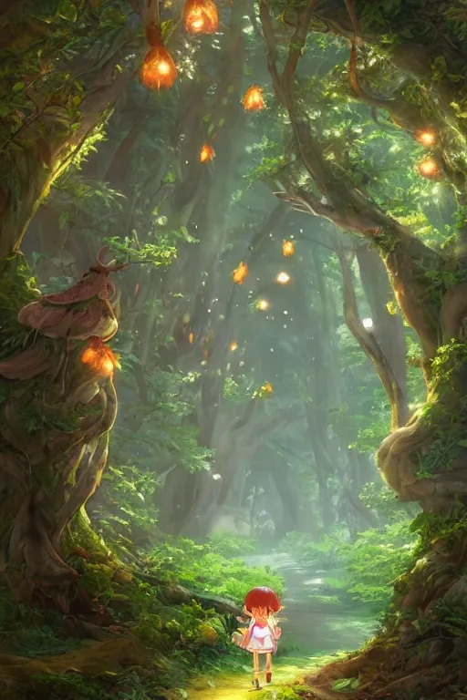 Image similar to forest path, fairy, beautiful ancient trees, hiding large treasure chest, glowing fireflies, serene evening atmosphere, soft lens, soft light, cel - shading, animation, in the style of cgsociety, deviantart, artstation, zbrush, cinema 4 d, studio ghibli, akihiko yoshida, atelier lulua, masamune shirow