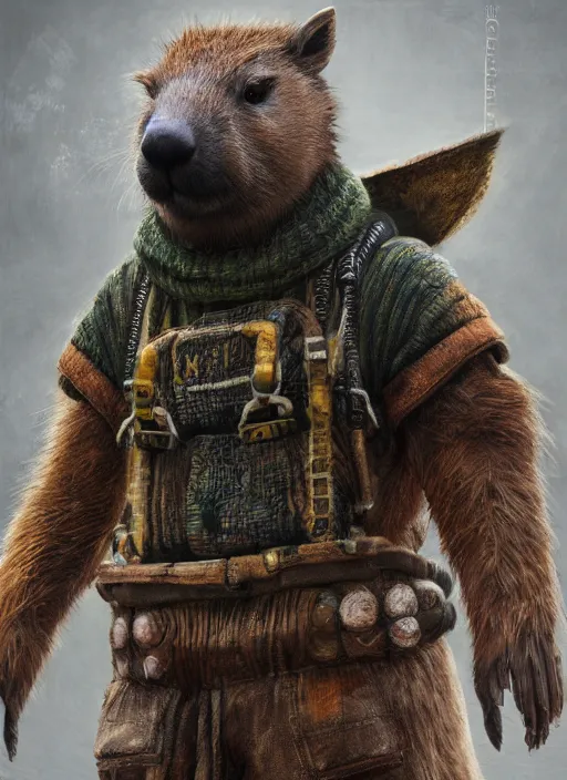 Prompt: detailed full body concept art illustration, soft focus, oil painting on canvas of an anthropomorphic capybara fisherman in full intricate clothing, biomutant, dystopian, micro detail, octane render, 4K