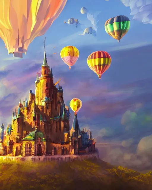 Prompt: flying cloud castle, buildings, baloons, machines, bright, blue sky, mountains, colorful, cinematic lighting, fantasy, high detail, illustration, masterpiece, artstation, 4 k, art by wylie beckert and jana schirmer