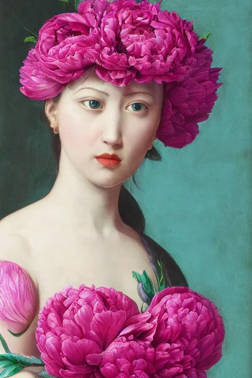 Prompt: hyperrealism close-up mythological portrait of a huge number of peony flowers merged with female with snake, turquoise palette, pale skin, wearing fuchsia silk robe, in style of classicism