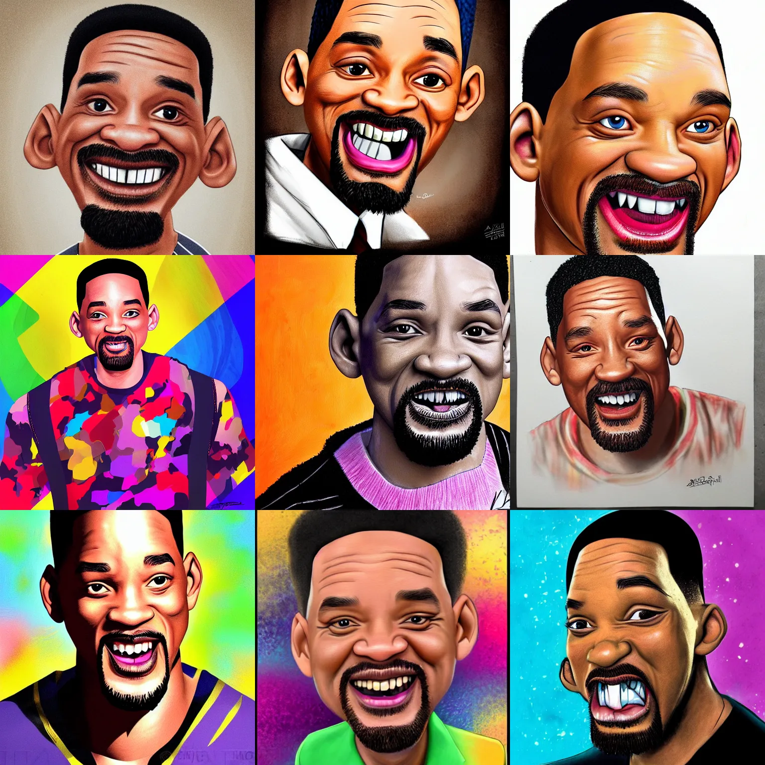 Prompt: a very exagerated caricature of will smith, colorful, trending on artstation, artgem, pixiv