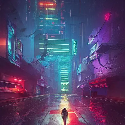 Image similar to many mechanical jellyfishes floating in the street at night after the rain, a mountain in the distance, surreal, cyberpunk, psychedelic, highly detailed, digital art, blade runner 2 0 4 9, 8 k