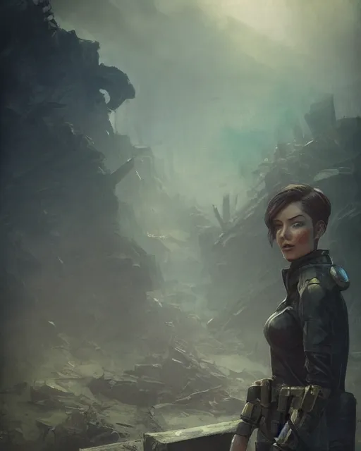 Image similar to fallout 5, concept art brunette female enclave officer portrait, concept art, outdoors mesa setting, spring time, slight overcast, atmospheric lighting, painted, intricate, volumetric lighting, beautiful, sharp focus, golden hour, ultra detailed by krenz cushart and wenjun lin