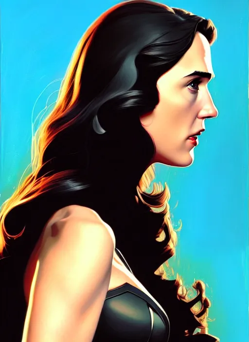 Image similar to detailed artwork by phil noto ; stylized painting of young jennifer connelly ; gal gadot ; eva green ; young jennifer connelly from the rocketeer ; brush texture ; asymmetric composition ; paint texture ; trending on artstation ; gallery painting by phil noto, comic style