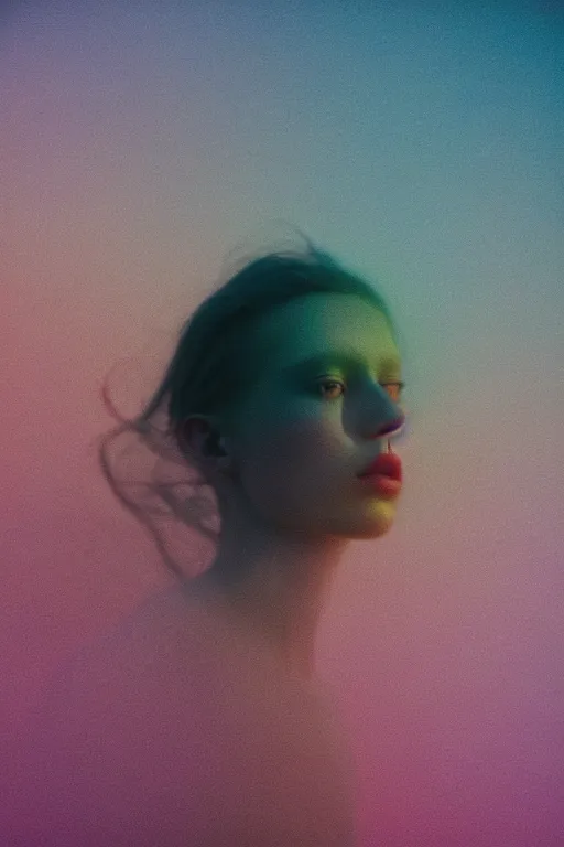 Image similar to high quality pastel coloured film close up wide angle photograph of a model wearing clothing swimming on cloud furniture in a icelandic black rock!! environment in a partially haze filled dreamstate world. three point light, rainbow. photographic production. art directed. pastel colours. volumetric clouds. pastel gradient overlay. waves glitch artefacts. extreme facial clarity. 8 k. filmic.