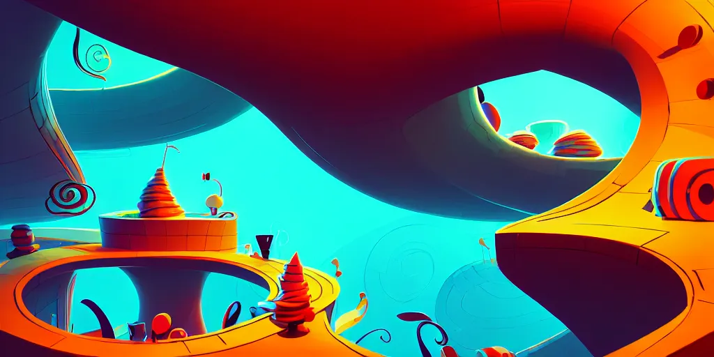 Image similar to spiral lines, minimalistic, extreme wide angle, curved perspective, digital art, chubby, subsurface scattering, indoor casino, by anton fadeev, lorax movie, spiral smoke, artstation