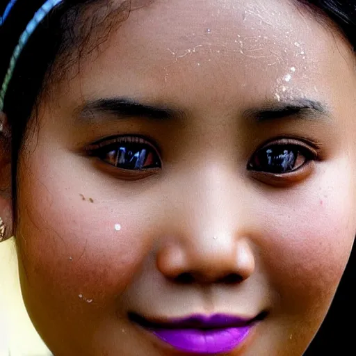 Prompt: zi di had a head of curvy black hair, and her wheat coloured skin glistened with sweat, giving her a delicate appearance. her features were defined, and she had a beautiful smile beyond the ordinary. the most attractive part of her was her big, purple eyes, shining like clear amethyst.