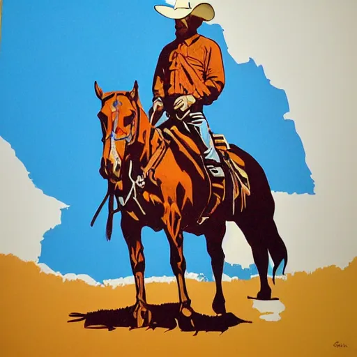 Prompt: cowboy outlaw sitting on a horse. serigraph. screen - printed. sun - bleached highlights on colt's face, hat in 4 colors