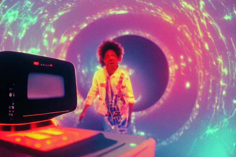 Image similar to toaster emerging from a space portal in cyberspace, fractal, in 1 9 8 5, y 2 k cutecore clowncore, bathed in the glow of a crt television, crt screens in background, low - light photograph, in style of tyler mitchell