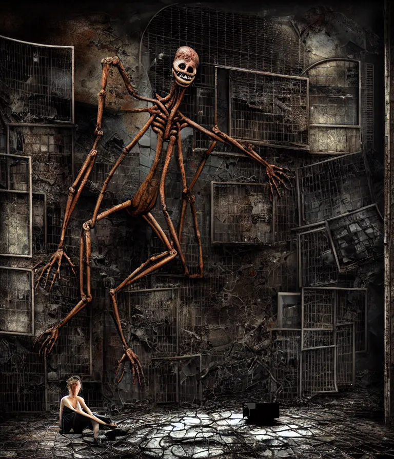 Prompt: Creepy huge suffering humanoid with long limbs sits on the floor and looks at the little old TV. An underground very dark gloomy multi-layered structure of rusty thick iron grates, dense chain-link fencing and peeling walls. Inside view, collapsed floors, bent rusted iron, masterpiece, black background, corners, cinematic, hyperdetailed, photorealistic, hyperrealism, octane render, 8k, depth of field, bokeh, architecture, shadows, art by Zdzisław Beksiński, Dariusz Zawadzki