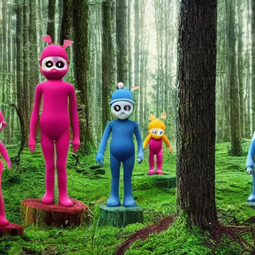 Prompt: : stereopticon photo of teletubbies and slender man in forest