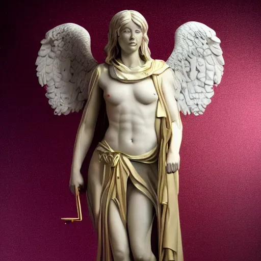 Image similar to high quality smooth render of statue of angel, made of white marble with gold veins, on the dark magenta background, hyper realistic, hyper detailed, by johannen voss, by peter kemp, by monia merlo, by michelangelo, octane render, vivid colors