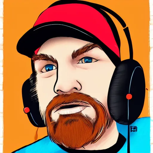 Image similar to middle aged streamer on twitch with black hat, stubble, ginger hair, orange hair, black cap, stubbles, red headphones, in the style of jeremiah ketner, art, abstract