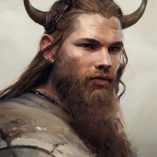 Image similar to a beautiful artwork side profile portrait of a viking with horns by greg rutkowski , featured on artstation, norse mythology, valhalla