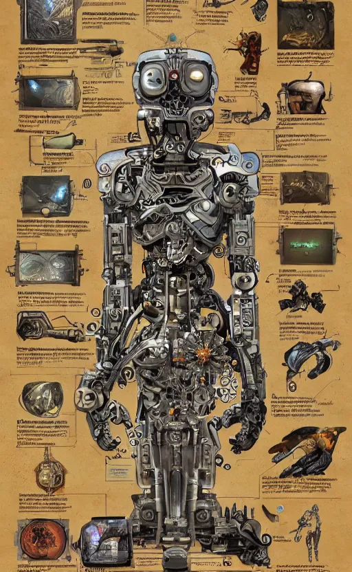 Image similar to anatomy of the terminator, robot, cyborg, t100, diagrams, mystical, intricate ornamental tower floral flourishes, technology meets fantasy, map, infographic, concept art, art station, style of wes anderson