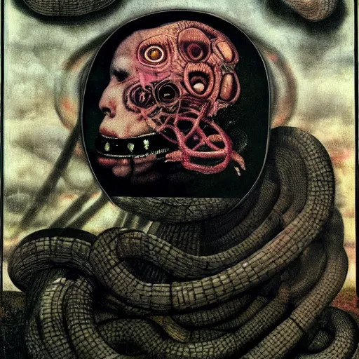 Image similar to post - punk album cover, asymmetrical design, snake, capitalism, magic, apocalypse, psychedelic, black white pastel pink, slightly holographic, magic, giger h. r., giuseppe arcimboldo, peder balke