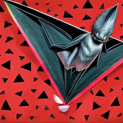 Image similar to realistic bat is eating a triangle slice of watermelon in the museum, highly detailed, sharp focus, digital painting, artwork by Victor Adame Minguez + Yuumei + Tom Lovell + Sandro Botticelli