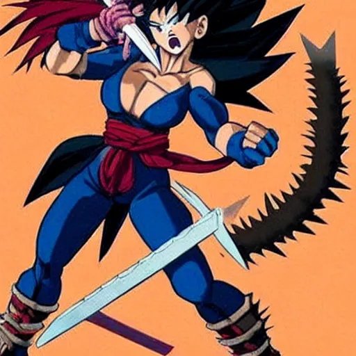 Prompt: saiyan girl, wild spiky red hair, long spiky hair, electrified hair, holding scimitar made of bone, scimitar, sword, jagged sword, curved sword, orkish sword, colorized, gray skin, hyper - detailed, primeval fantasy, prehistoric fantasy, drawn by frank frazetta